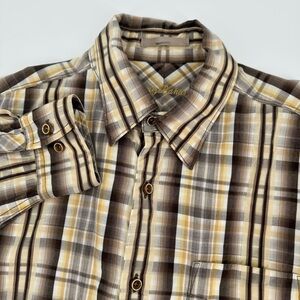 Tommy Bahama Men’s Large 100% Tencel Lyocell Yellow Brown Plaid Long Sleeve